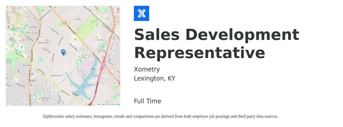Xometry job posting for a Sales Development Representative in Lexington, KY with a salary of $41,700 to $60,600 Yearly with a map of Lexington location.