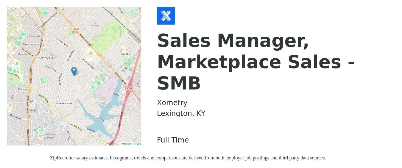 Xometry job posting for a Sales Manager, Marketplace Sales (SMB) in Lexington, KY with a salary of $44,700 to $95,900 Yearly with a map of Lexington location.