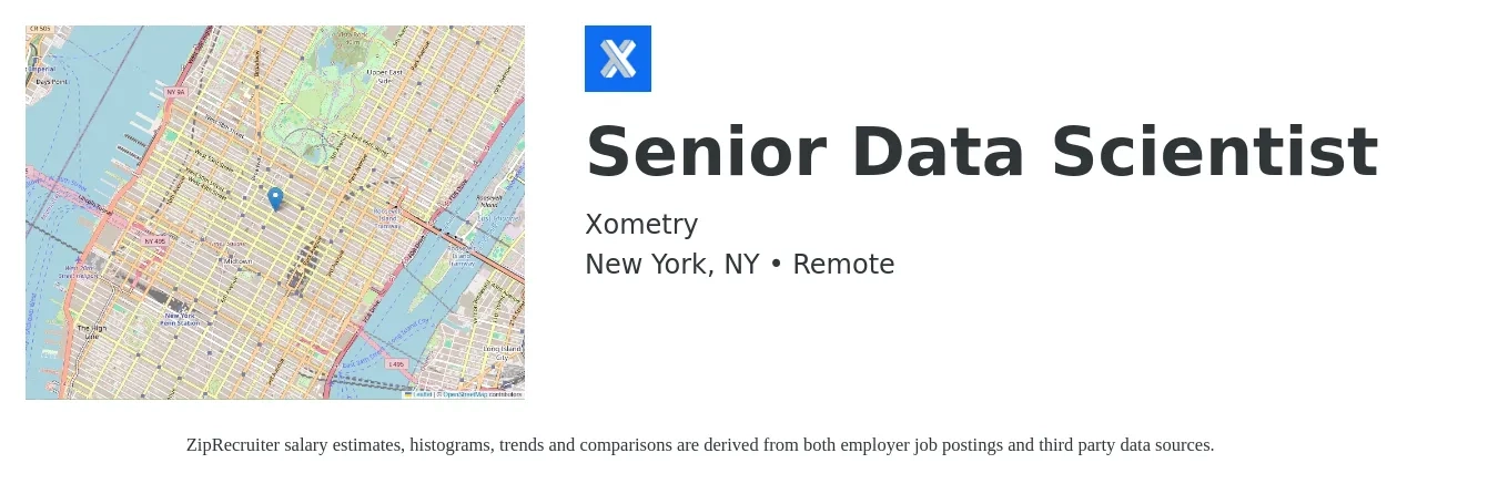 Xometry job posting for a Senior Data Scientist in New York, NY with a salary of $129,600 to $182,200 Yearly with a map of New York location.