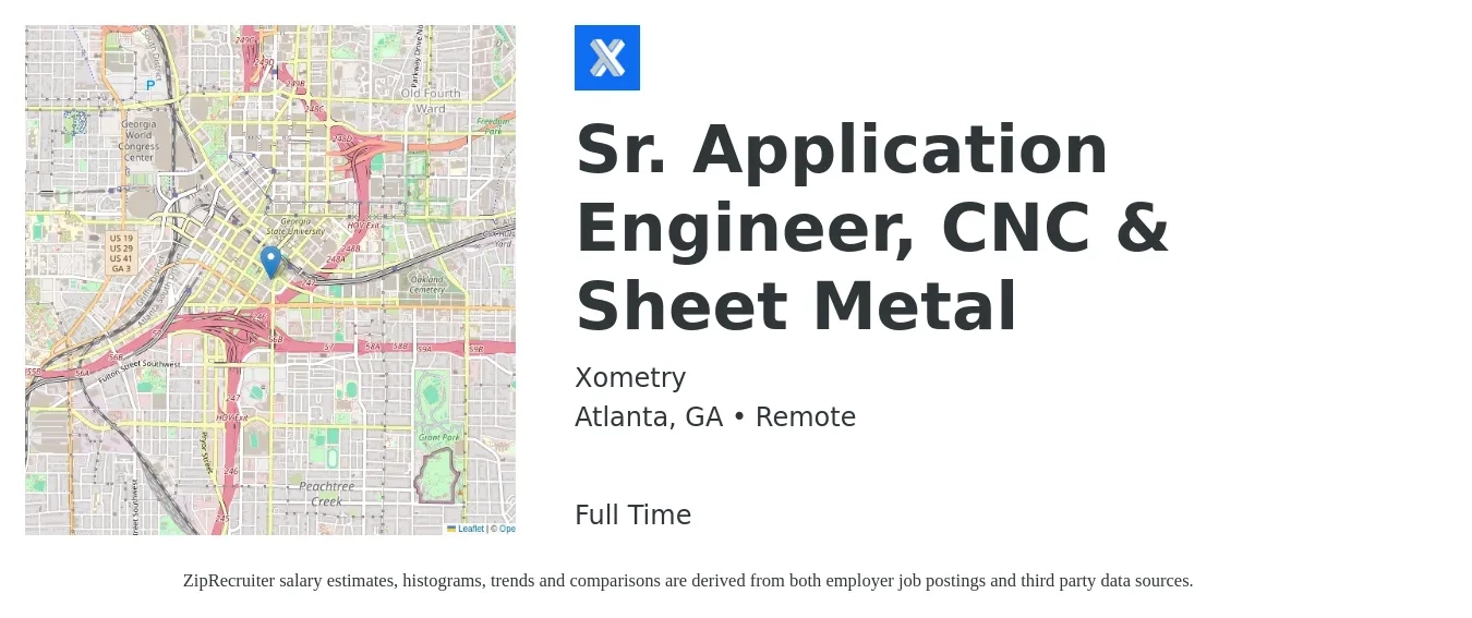 Xometry job posting for a Sr. Application Engineer, CNC & Sheet Metal in Atlanta, GA with a salary of $103,900 to $139,000 Yearly with a map of Atlanta location.