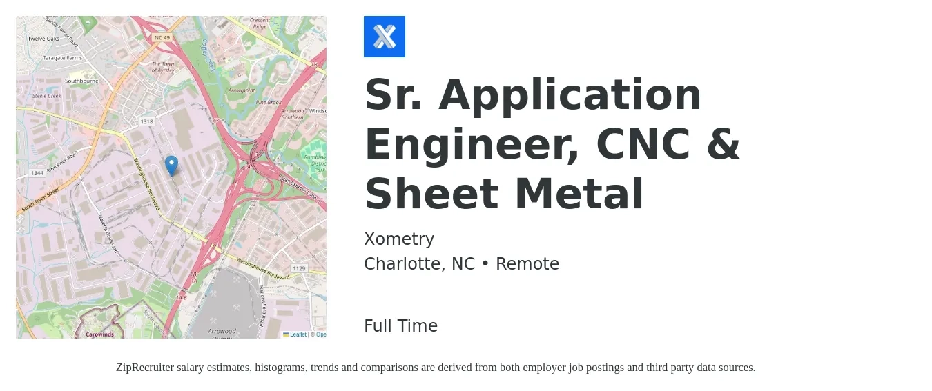 Xometry job posting for a Sr. Application Engineer, CNC & Sheet Metal in Charlotte, NC with a salary of $105,500 to $141,100 Yearly with a map of Charlotte location.