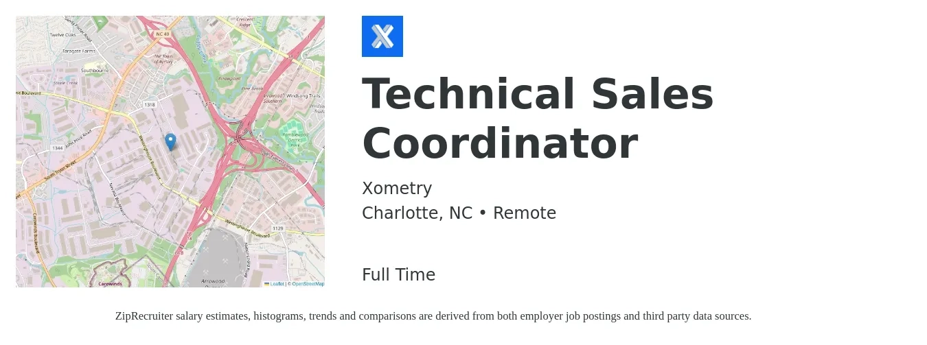 Xometry job posting for a Technical Sales Coordinator in Charlotte, NC with a salary of $20 to $27 Hourly with a map of Charlotte location.