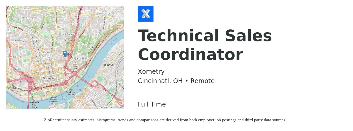 Xometry job posting for a Technical Sales Coordinator in Cincinnati, OH with a salary of $20 to $26 Hourly with a map of Cincinnati location.