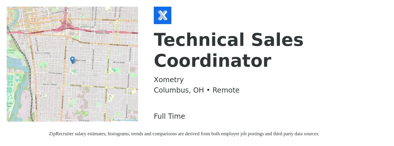 Xometry job posting for a Technical Sales Coordinator in Columbus, OH with a salary of $20 to $27 Hourly with a map of Columbus location.
