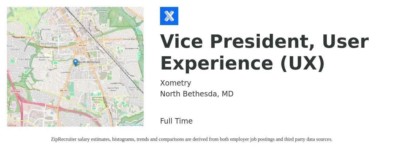 Xometry job posting for a Vice President, User Experience (UX) in North Bethesda, MD with a salary of $60,100 to $169,200 Yearly with a map of North Bethesda location.