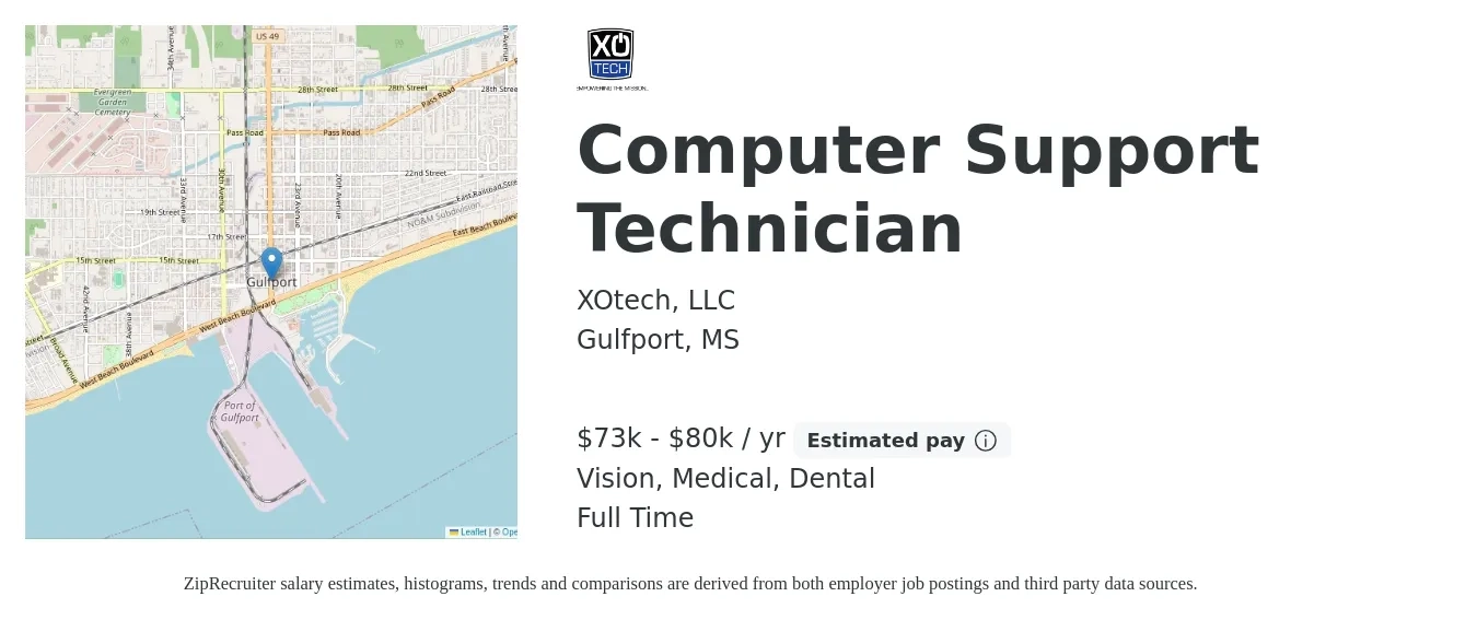 XOtech, LLC job posting for a Computer Support Technician in Gulfport, MS with a salary of $30 to $32 Hourly and benefits including medical, retirement, vision, dental, and life_insurance with a map of Gulfport location.