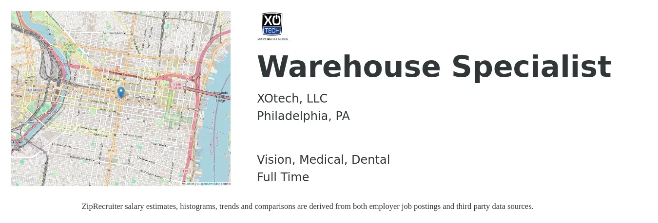 XOtech, LLC job posting for a Warehouse Specialist in Philadelphia, PA with a salary of $17 to $21 Hourly and benefits including life_insurance, medical, retirement, vision, and dental with a map of Philadelphia location.