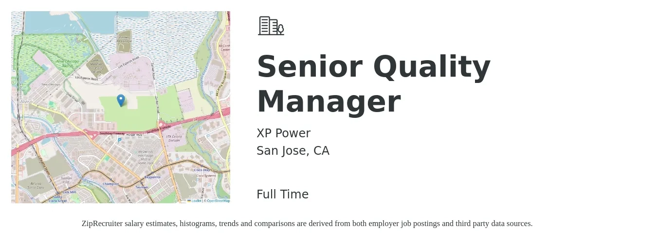 XP Power job posting for a Senior Quality Manager in San Jose, CA with a salary of $108,400 to $166,400 Yearly with a map of San Jose location.