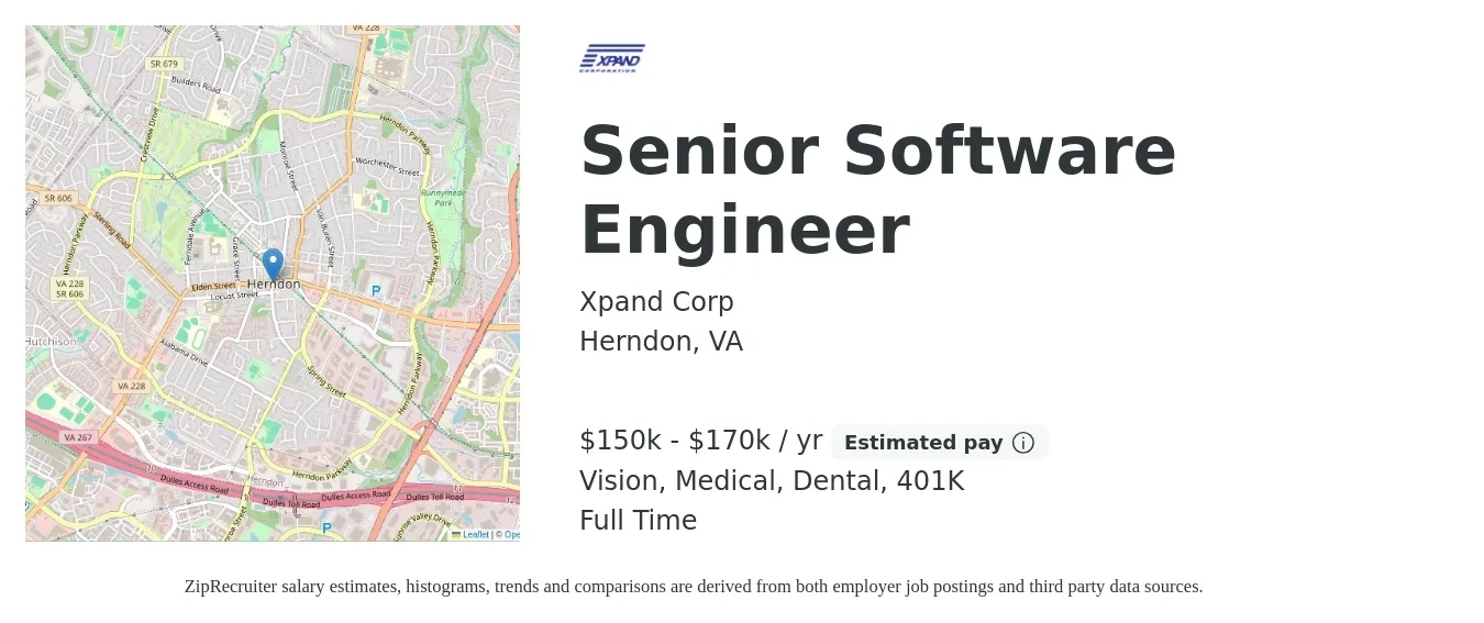Xpand Corp job posting for a Senior Software Engineer in Herndon, VA with a salary of $150,000 to $170,000 Yearly and benefits including 401k, dental, life_insurance, medical, and vision with a map of Herndon location.