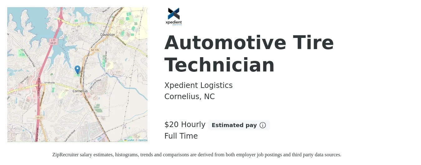 Xpedient Logistics job posting for a Automotive Tire Technician in Cornelius, NC with a salary of $21 Hourly with a map of Cornelius location.