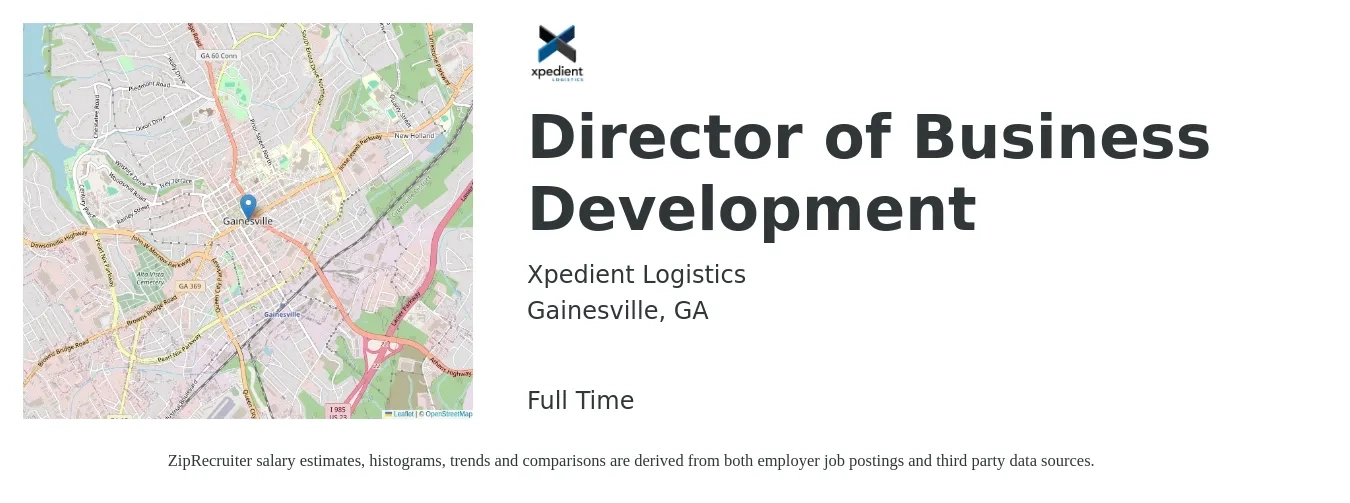 Xpedient Logistics job posting for a Director of Business Development in Gainesville, GA with a salary of $150,000 to $160,000 Yearly with a map of Gainesville location.