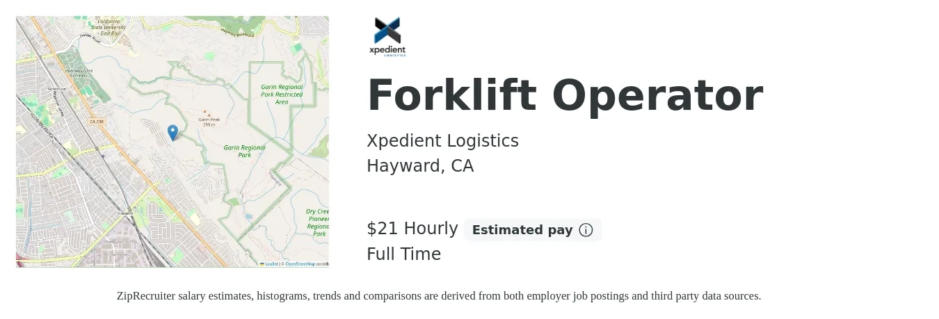 Xpedient Logistics job posting for a Forklift Operator in Hayward, CA with a salary of $22 Hourly with a map of Hayward location.