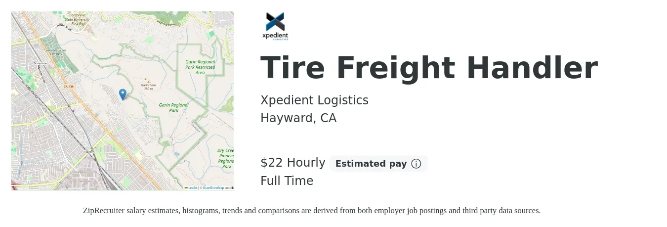 Xpedient Logistics job posting for a Tire Freight Handler in Hayward, CA with a salary of $23 Hourly with a map of Hayward location.