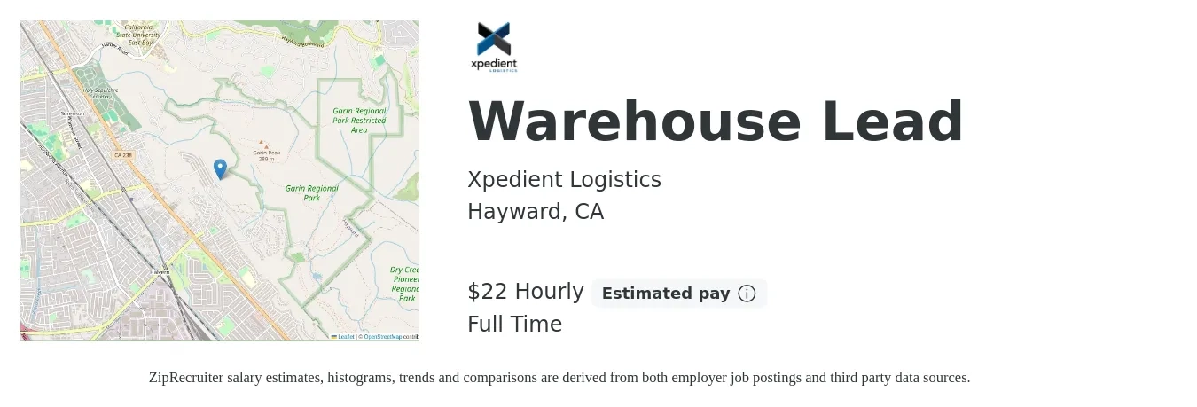 Xpedient Logistics job posting for a Warehouse Lead in Hayward, CA with a salary of $23 Hourly with a map of Hayward location.
