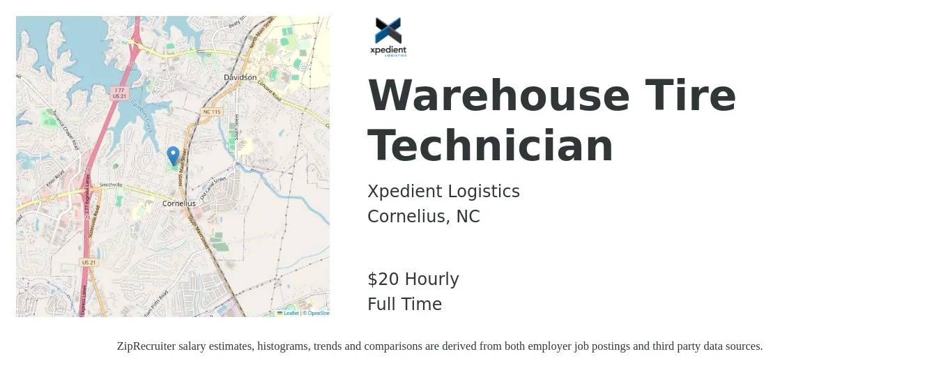 Xpedient Logistics job posting for a Warehouse Tire Technician in Cornelius, NC with a salary of $21 Hourly with a map of Cornelius location.