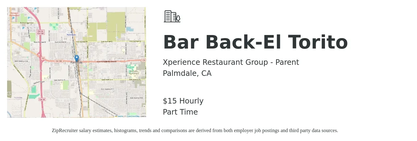 Xperience Restaurant Group - Parent job posting for a Bar Back-El Torito in Palmdale, CA with a salary of $16 Hourly with a map of Palmdale location.