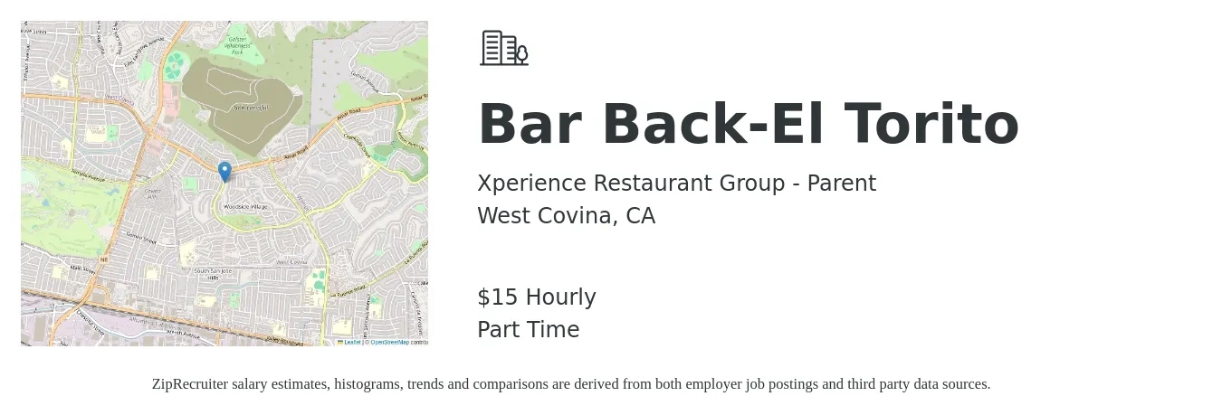 Xperience Restaurant Group - Parent job posting for a Bar Back-El Torito in West Covina, CA with a salary of $16 Hourly with a map of West Covina location.