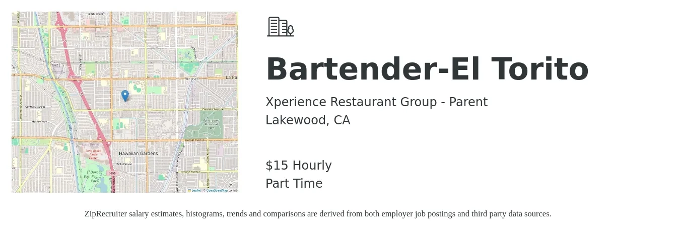 Xperience Restaurant Group - Parent job posting for a Bartender-El Torito in Lakewood, CA with a salary of $16 Hourly with a map of Lakewood location.
