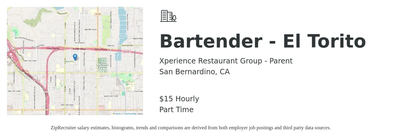 Xperience Restaurant Group - Parent job posting for a Bartender - El Torito in San Bernardino, CA with a salary of $16 Hourly with a map of San Bernardino location.
