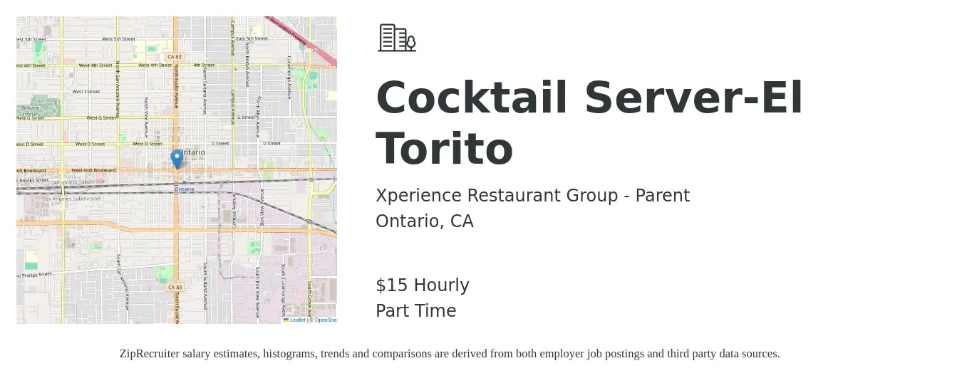 Xperience Restaurant Group - Parent job posting for a Cocktail Server-El Torito in Ontario, CA with a salary of $16 Hourly with a map of Ontario location.