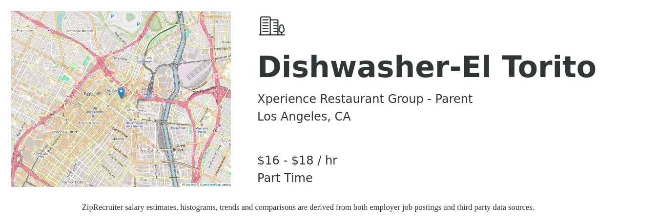 Xperience Restaurant Group - Parent job posting for a Dishwasher-El Torito in Los Angeles, CA with a salary of $17 to $18 Hourly with a map of Los Angeles location.