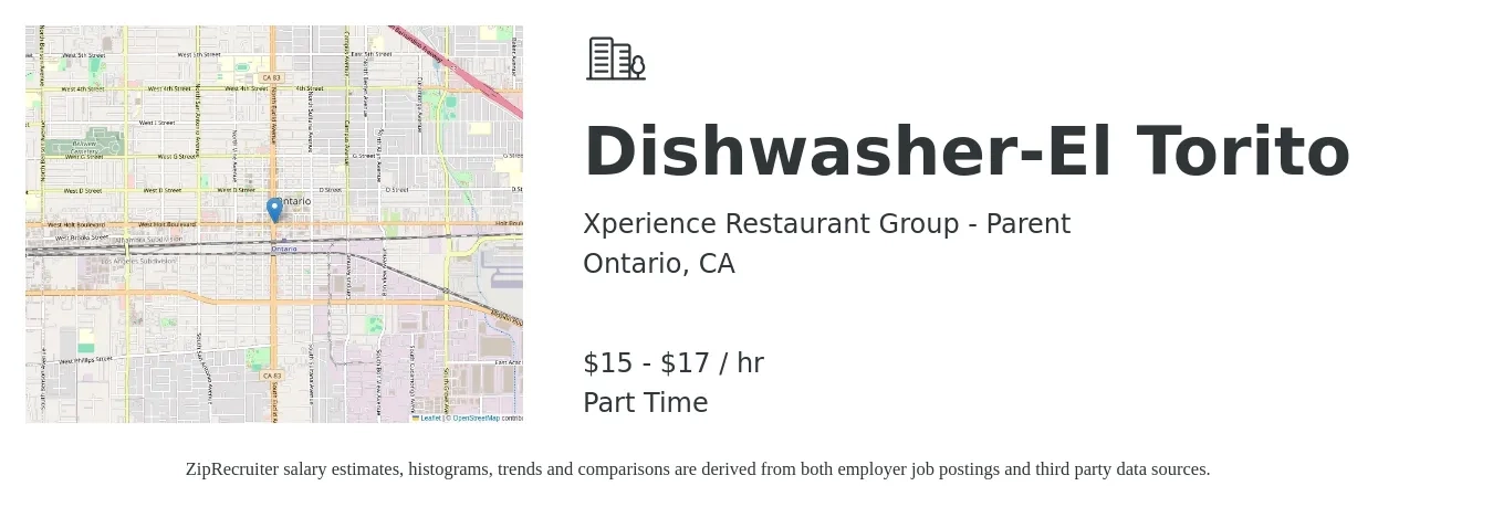 Xperience Restaurant Group - Parent job posting for a Dishwasher-El Torito in Ontario, CA with a salary of $16 to $18 Hourly with a map of Ontario location.