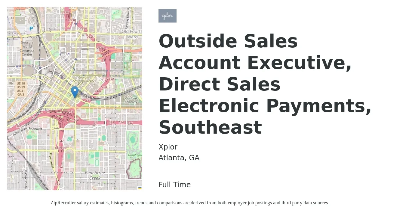 Xplor job posting for a Outside Sales Account Executive, Direct Sales Electronic Payments, Southeast in Atlanta, GA with a salary of $49,000 to $90,900 Yearly with a map of Atlanta location.