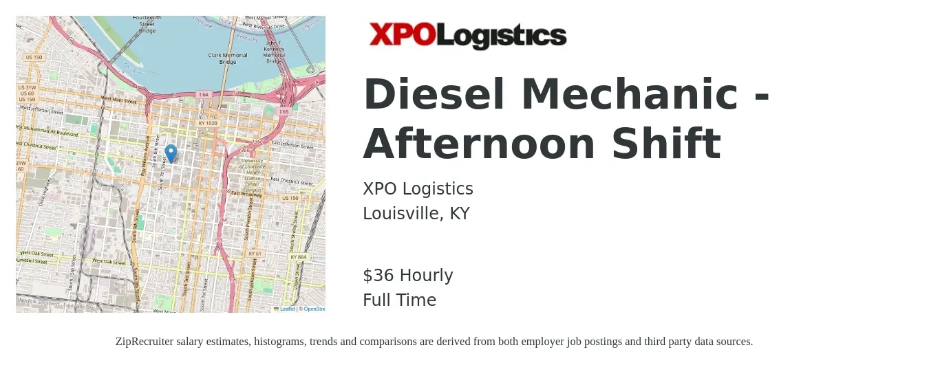 XPO Logistics job posting for a Diesel Mechanic - Afternoon Shift in Louisville, KY with a salary of $38 Hourly with a map of Louisville location.