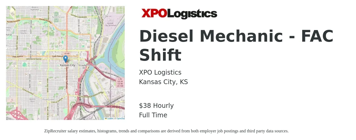XPO Logistics job posting for a Diesel Mechanic - FAC Shift in Kansas City, KS with a salary of $40 Hourly with a map of Kansas City location.