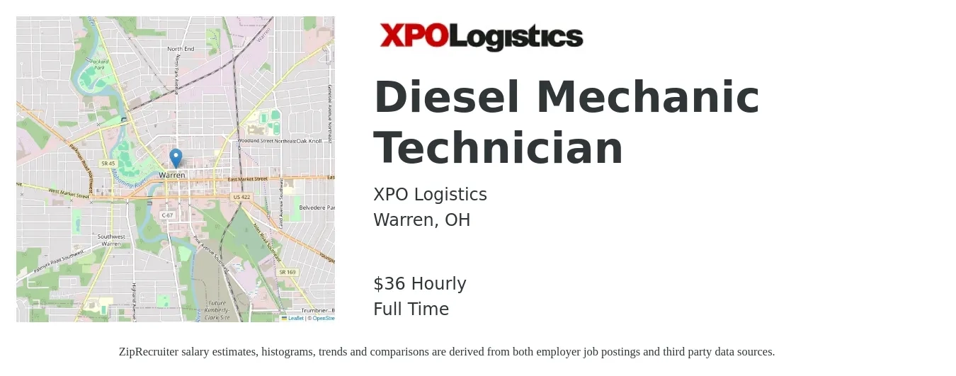 XPO job posting for a Diesel Mechanic Technician in Warren, OH with a salary of $38 Hourly with a map of Warren location.