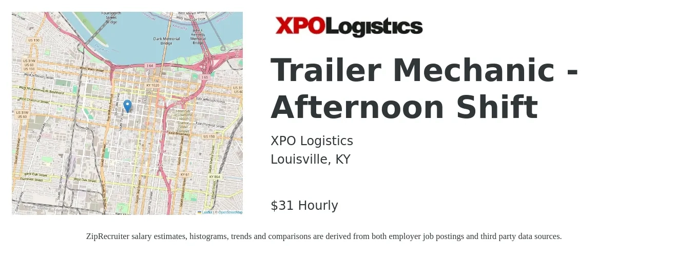 XPO Logistics job posting for a Trailer Mechanic - Afternoon Shift in Louisville, KY with a salary of $32 Hourly with a map of Louisville location.
