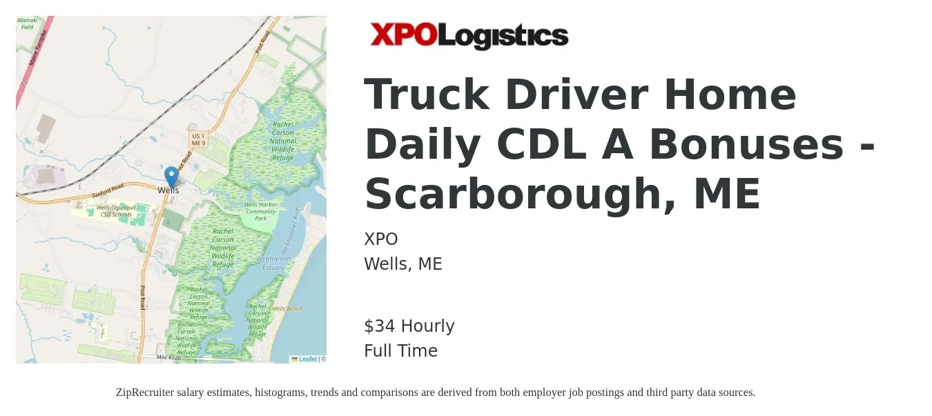 XPO job posting for a Truck Driver Home Daily CDL A Bonuses - Scarborough, ME in Wells, ME with a salary of $36 Hourly with a map of Wells location.