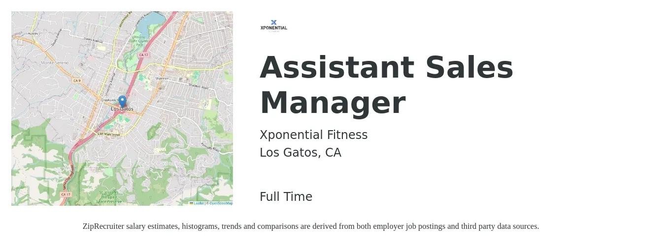 Xponential Fitness job posting for a Assistant Sales Manager in Los Gatos, CA with a salary of $20 to $30 Hourly with a map of Los Gatos location.
