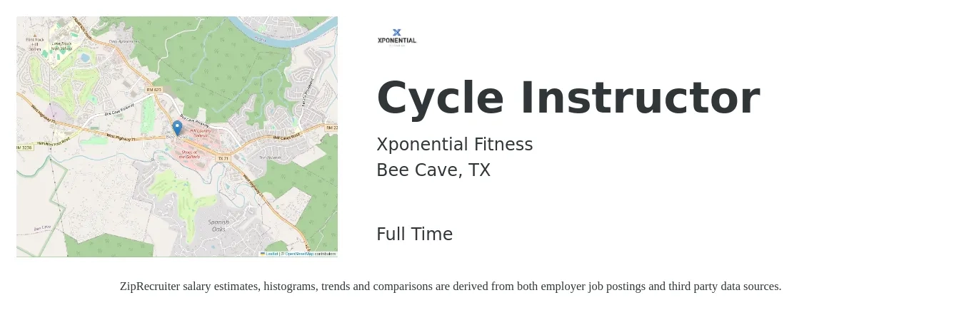 Xponential Fitness job posting for a Cycle Instructor in Bee Cave, TX with a salary of $16 to $32 Hourly with a map of Bee Cave location.