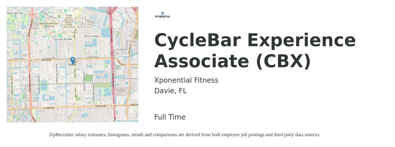 Xponential Fitness job posting for a CycleBar Experience Associate (CBX) in Davie, FL with a salary of $13 to $18 Hourly with a map of Davie location.