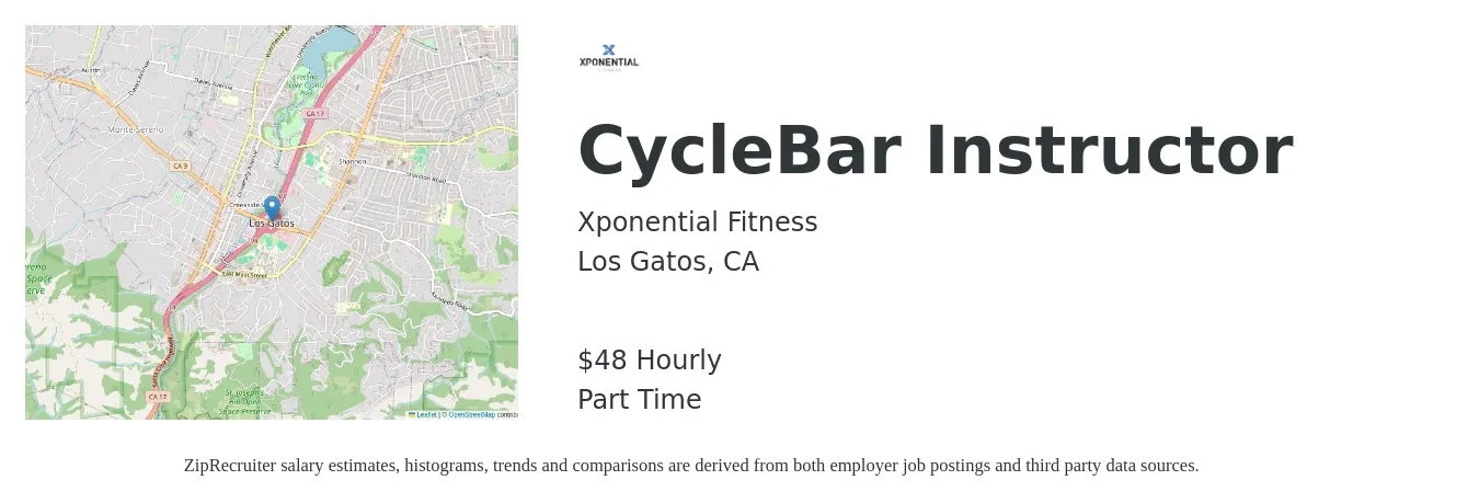 Xponential Fitness job posting for a CycleBar Instructor in Los Gatos, CA with a salary of $50 Hourly with a map of Los Gatos location.