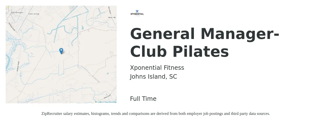 Xponential Fitness job posting for a General Manager- Club Pilates in Johns Island, SC with a salary of $47,700 to $71,200 Yearly with a map of Johns Island location.