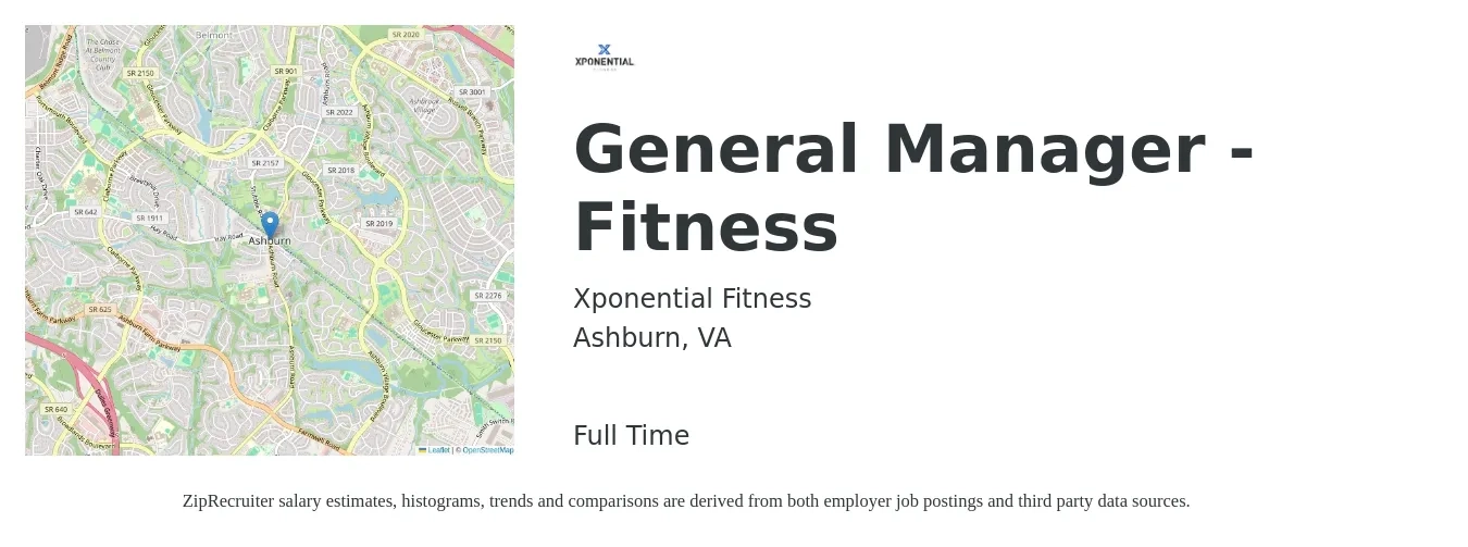 Xponential Fitness job posting for a General Manager -Fitness in Ashburn, VA with a salary of $50,600 to $75,700 Yearly with a map of Ashburn location.