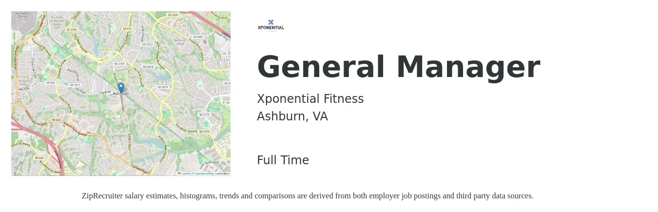 Xponential Fitness job posting for a General Manager in Ashburn, VA with a salary of $50,600 to $75,700 Yearly with a map of Ashburn location.