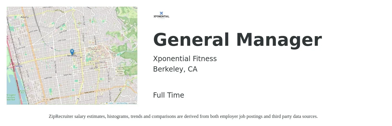 Xponential Fitness job posting for a General Manager in Berkeley, CA with a salary of $60,600 to $90,600 Yearly with a map of Berkeley location.