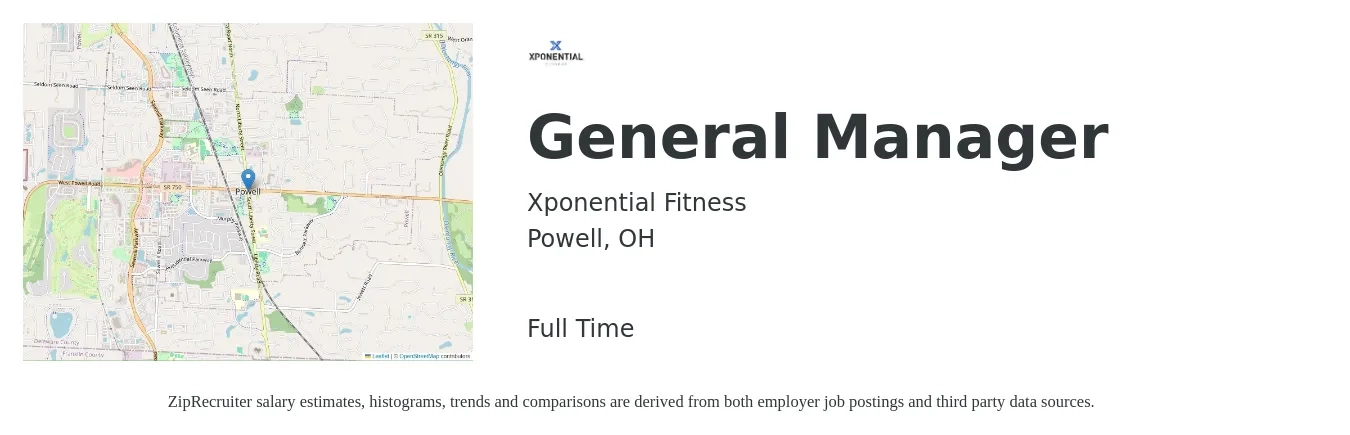 Xponential Fitness job posting for a General Manager in Powell, OH with a salary of $47,200 to $70,600 Yearly with a map of Powell location.