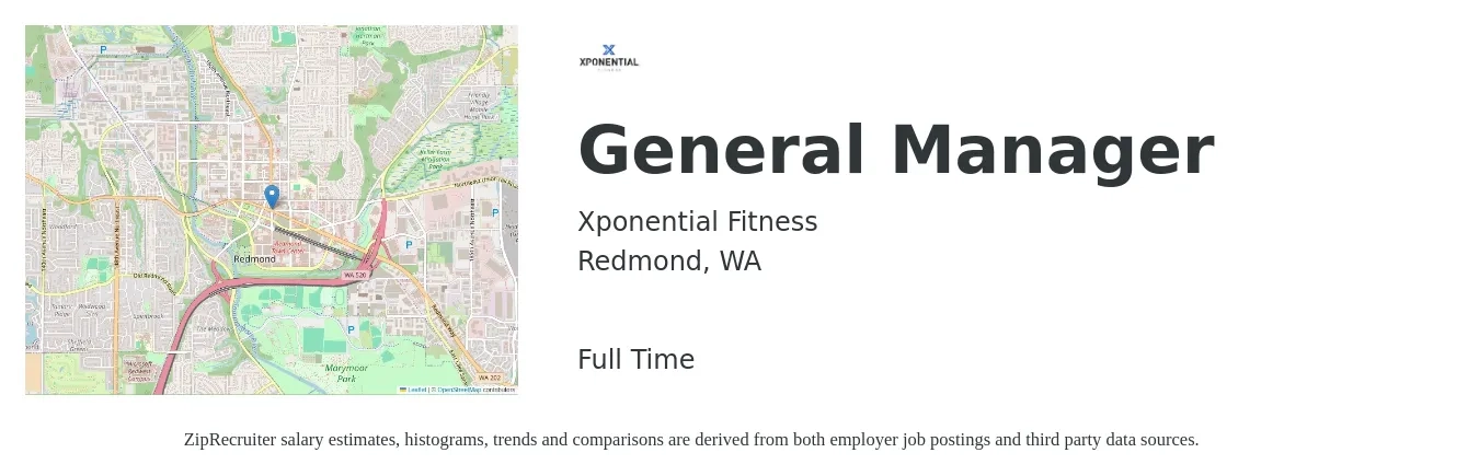 Xponential Fitness job posting for a General Manager in Redmond, WA with a salary of $55,400 to $82,900 Yearly with a map of Redmond location.