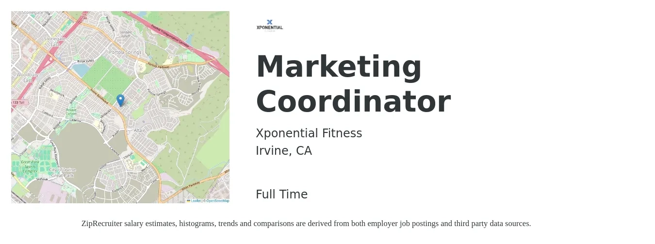 Xponential Fitness job posting for a Marketing Coordinator in Irvine, CA with a salary of $45,600 to $62,800 Yearly with a map of Irvine location.