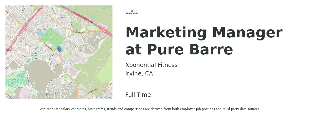 Xponential Fitness job posting for a Marketing Manager at Pure Barre in Irvine, CA with a salary of $64,400 to $105,200 Yearly with a map of Irvine location.