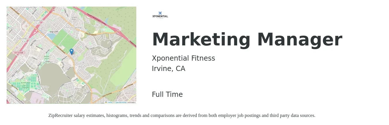 Xponential Fitness job posting for a Marketing Manager in Irvine, CA with a salary of $64,400 to $105,200 Yearly with a map of Irvine location.