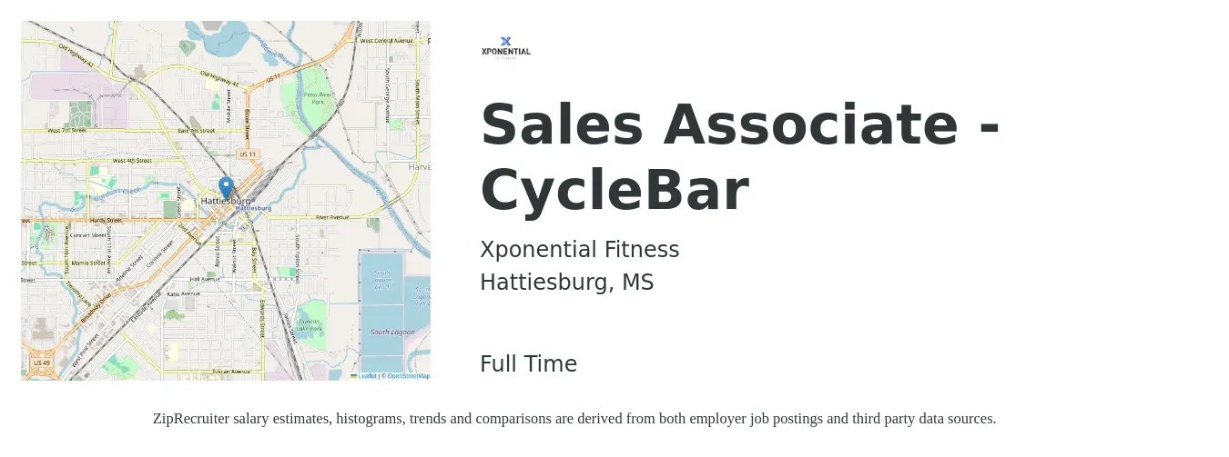Xponential Fitness job posting for a Sales Associate - CycleBar in Hattiesburg, MS with a salary of $14 to $19 Hourly with a map of Hattiesburg location.
