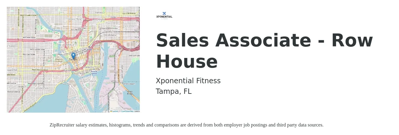 Xponential Fitness job posting for a Sales Associate - Row House in Tampa, FL with a salary of $13 to $18 Hourly with a map of Tampa location.