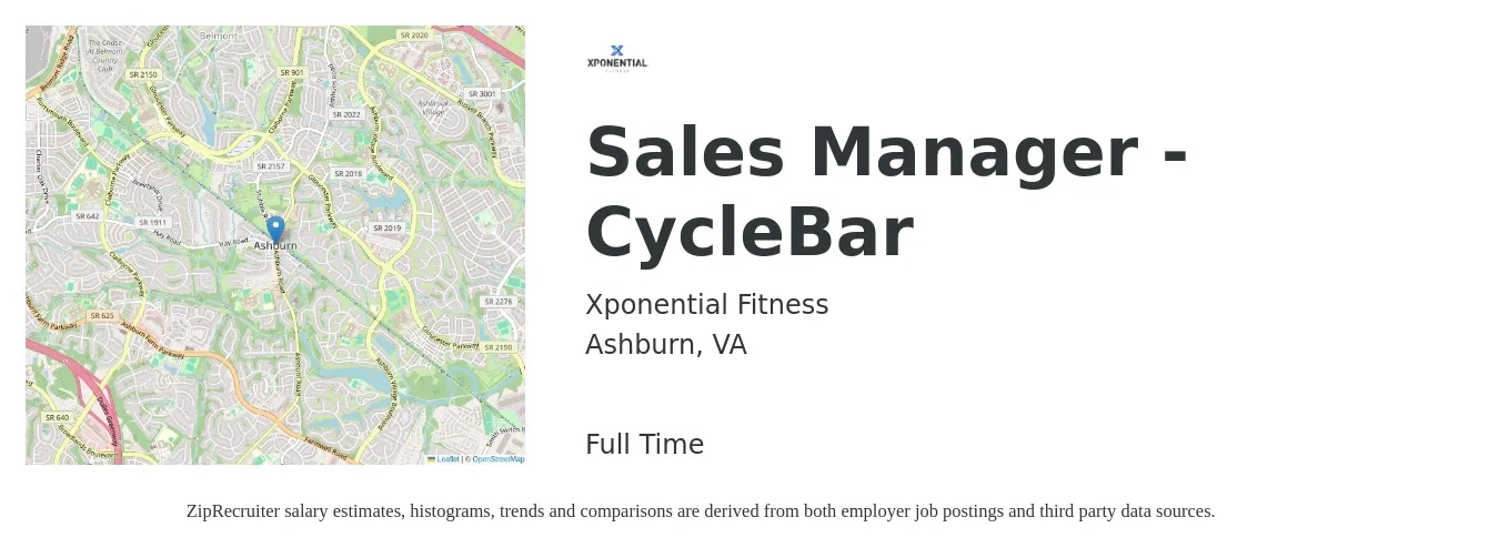 Xponential Fitness job posting for a Sales Manager - CycleBar in Ashburn, VA with a salary of $46,000 to $98,700 Yearly with a map of Ashburn location.