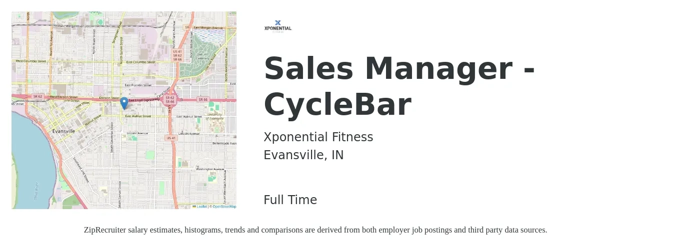 Xponential Fitness job posting for a Sales Manager - CycleBar in Evansville, IN with a salary of $42,900 to $92,000 Yearly with a map of Evansville location.