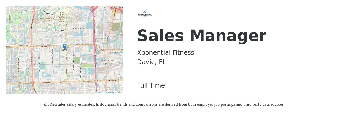 Xponential Fitness job posting for a Sales Manager in Davie, FL with a salary of $41,200 to $88,400 Yearly with a map of Davie location.